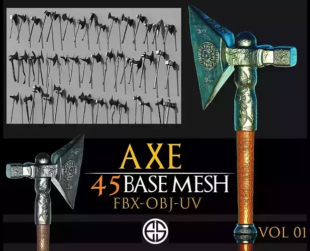 45 Models Of Weapons - Cold Weapons-Uv - Axe Base Mesh-Vol 01 Low-poly 3D model