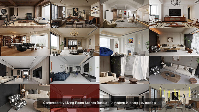 Contemporary Living Room Scenes Bundle  10 Modern Interiors 3D Model Collection