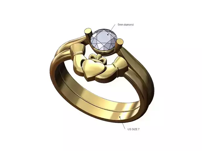 Claddagh heart guard 5mm diamond setting ring US size 7