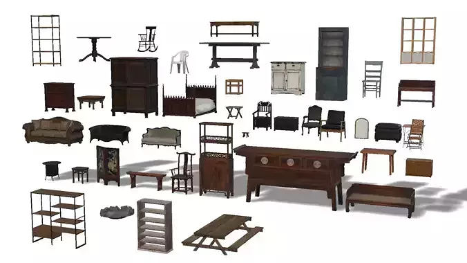 Vintage And Classic Furniture 3D Model Pack Low Poly Game Ready Low-poly 3D model