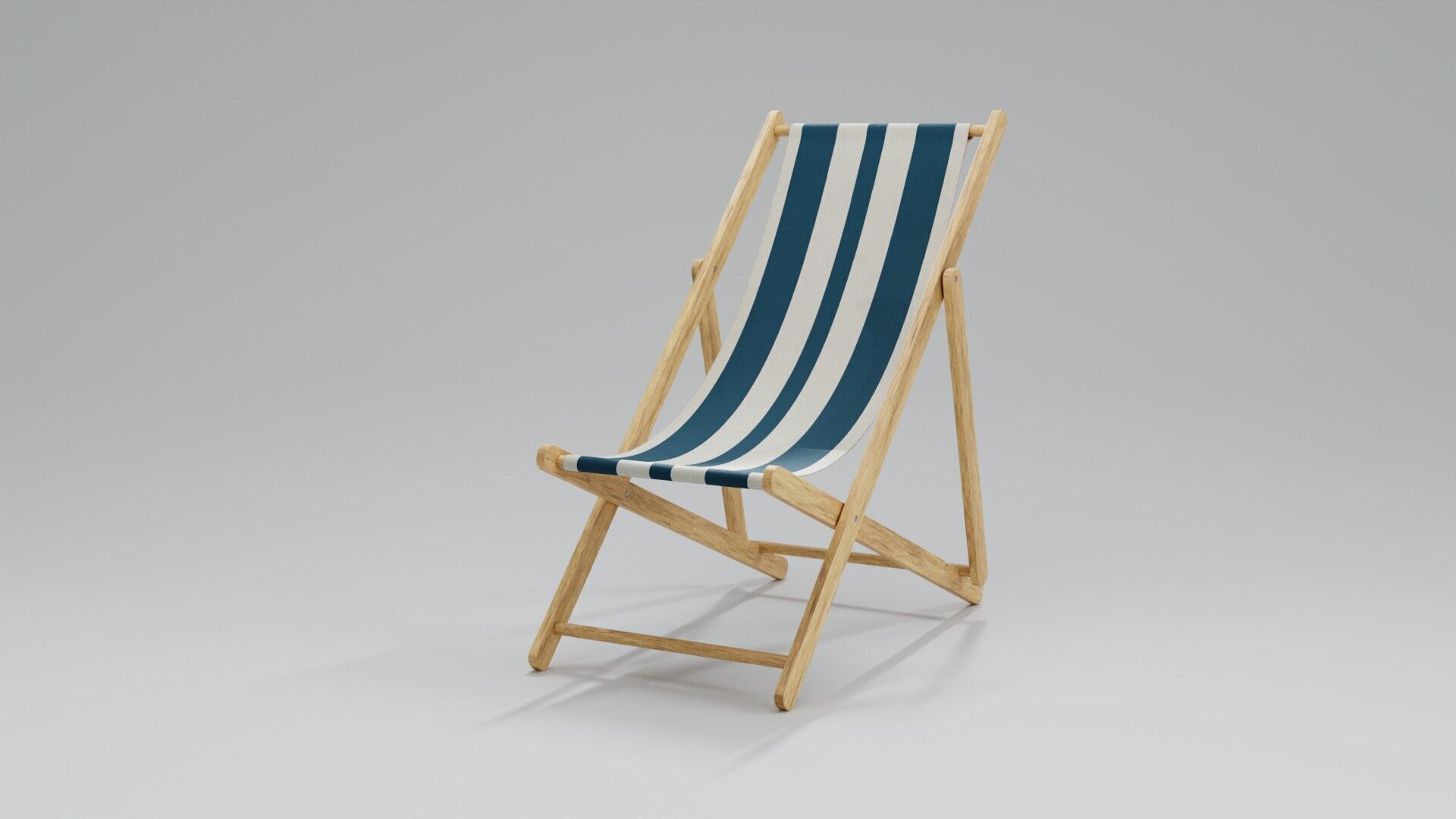 Wooden Folding Beach Chair with Blue and White Striped Seat 3D model_2