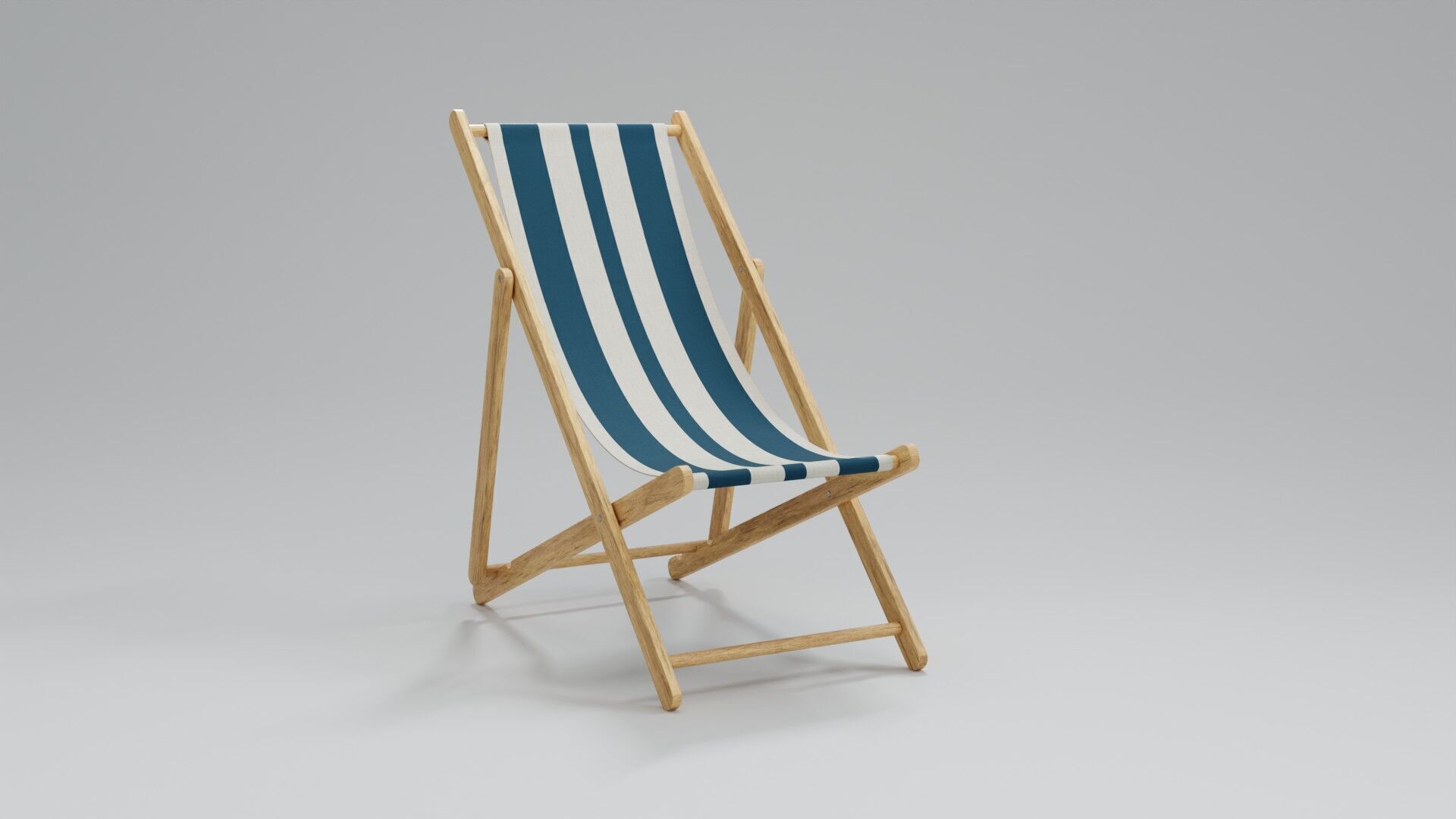 Wooden Folding Beach Chair with Blue and White Striped Seat 3D model_7