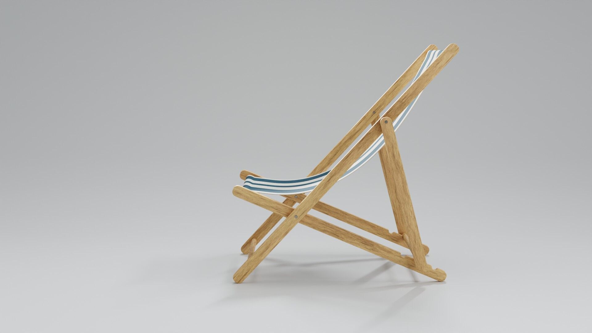 Wooden Folding Beach Chair with Blue and White Striped Seat 3D model_4
