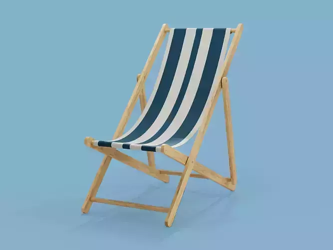 Wooden Folding Beach Chair with Blue and White Striped Seat 3D model
