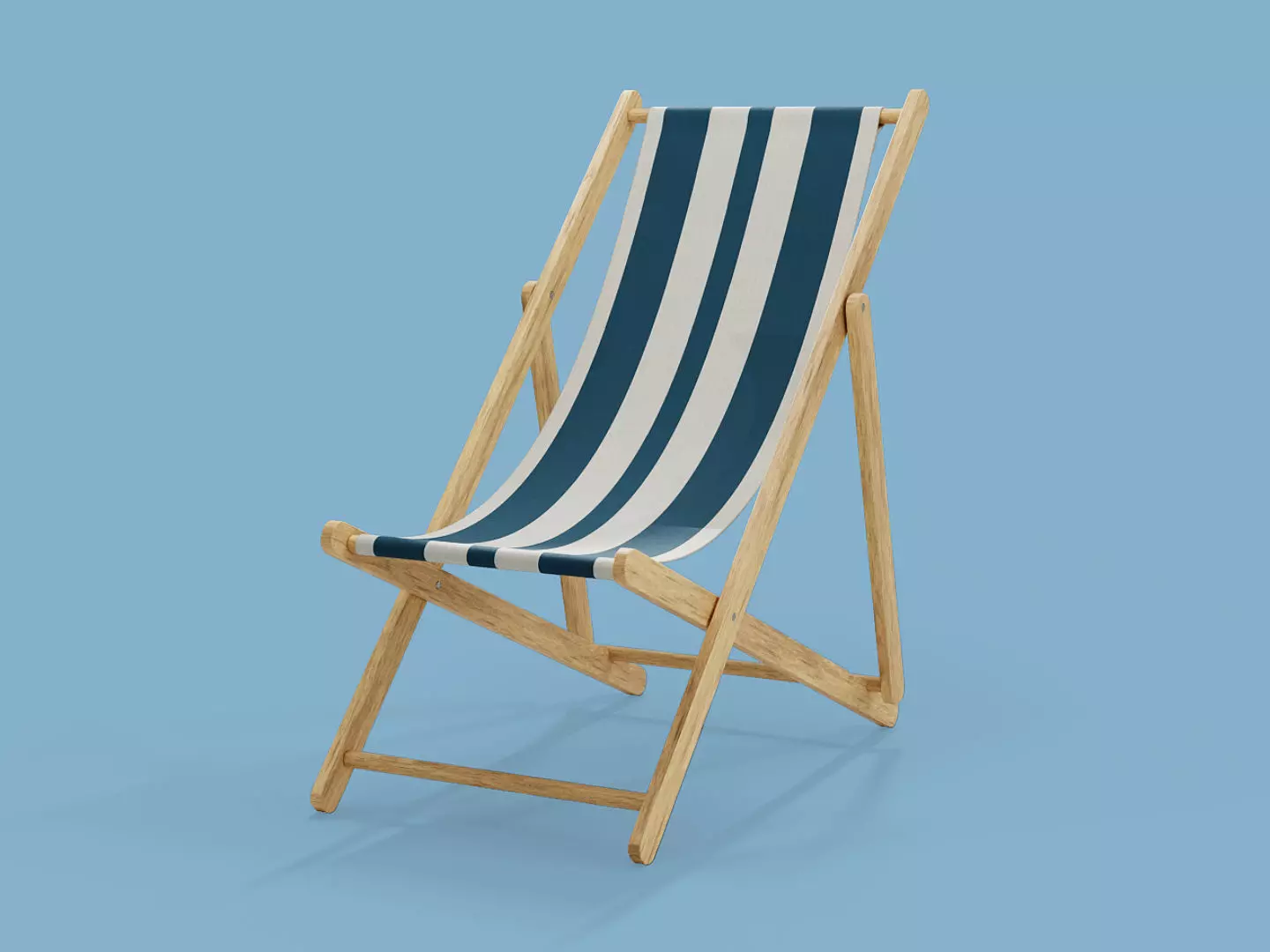 Wooden Folding Beach Chair with Blue and White Striped Seat 3D model_0