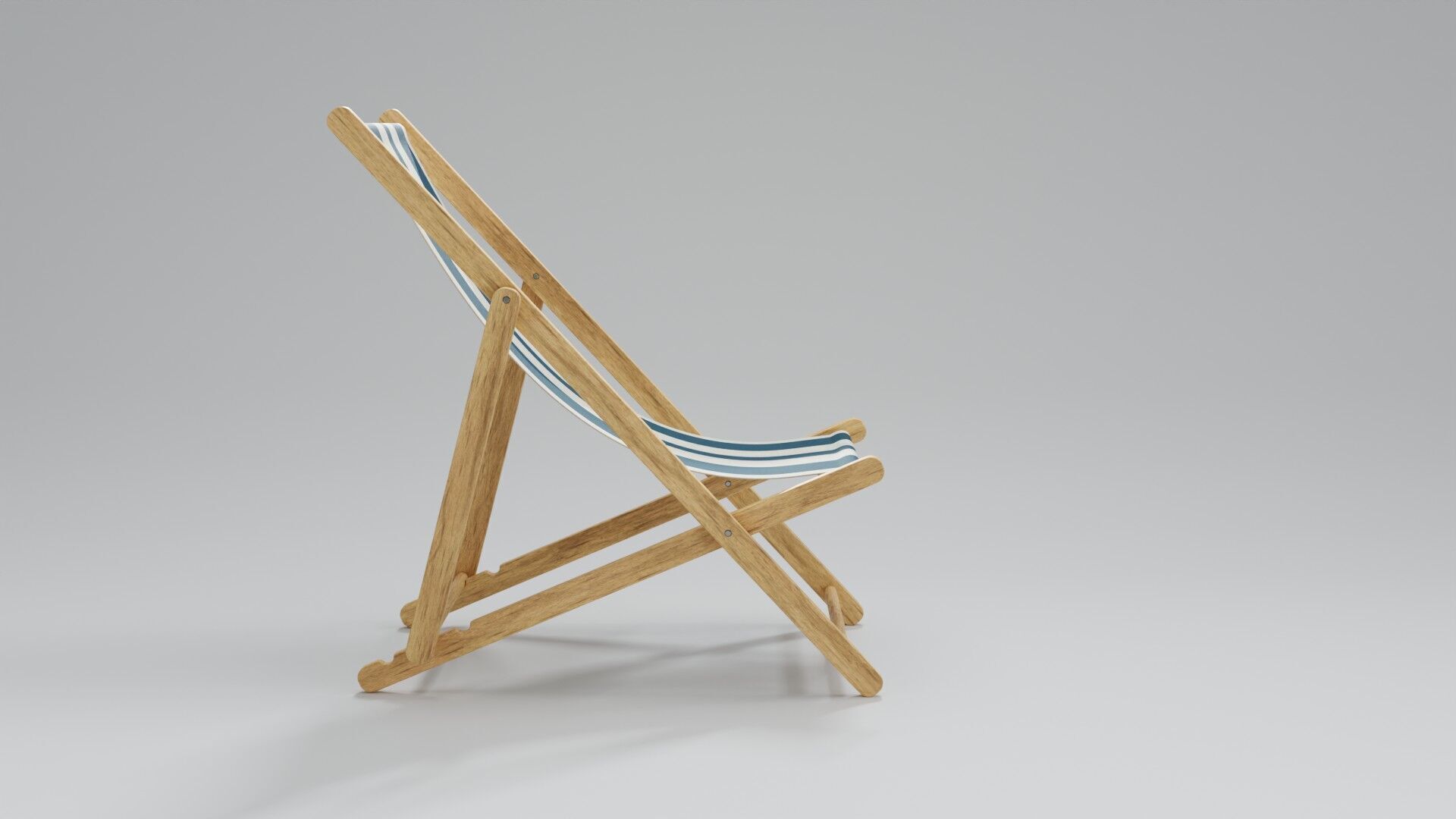 Wooden Folding Beach Chair with Blue and White Striped Seat 3D model_6