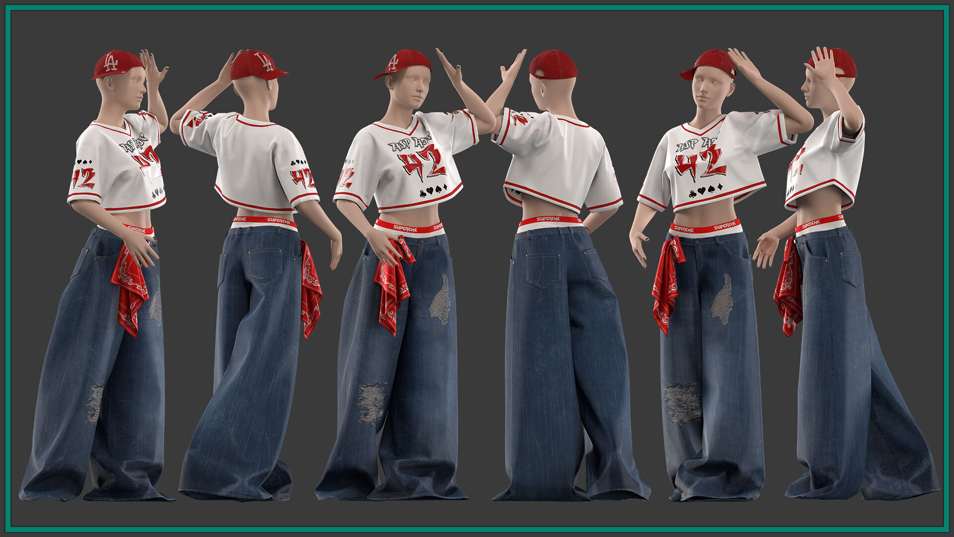 female hip hop outfit with texture and smart material 3D model_2