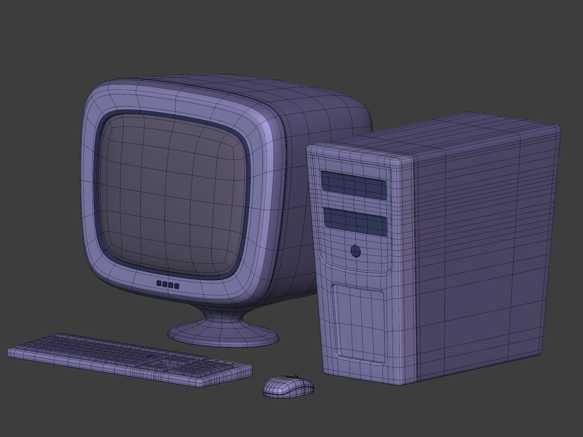 Cartoon Old Computer Desktop - PC Monitor Screen Keyboard Mouse Low-poly 3D model_4