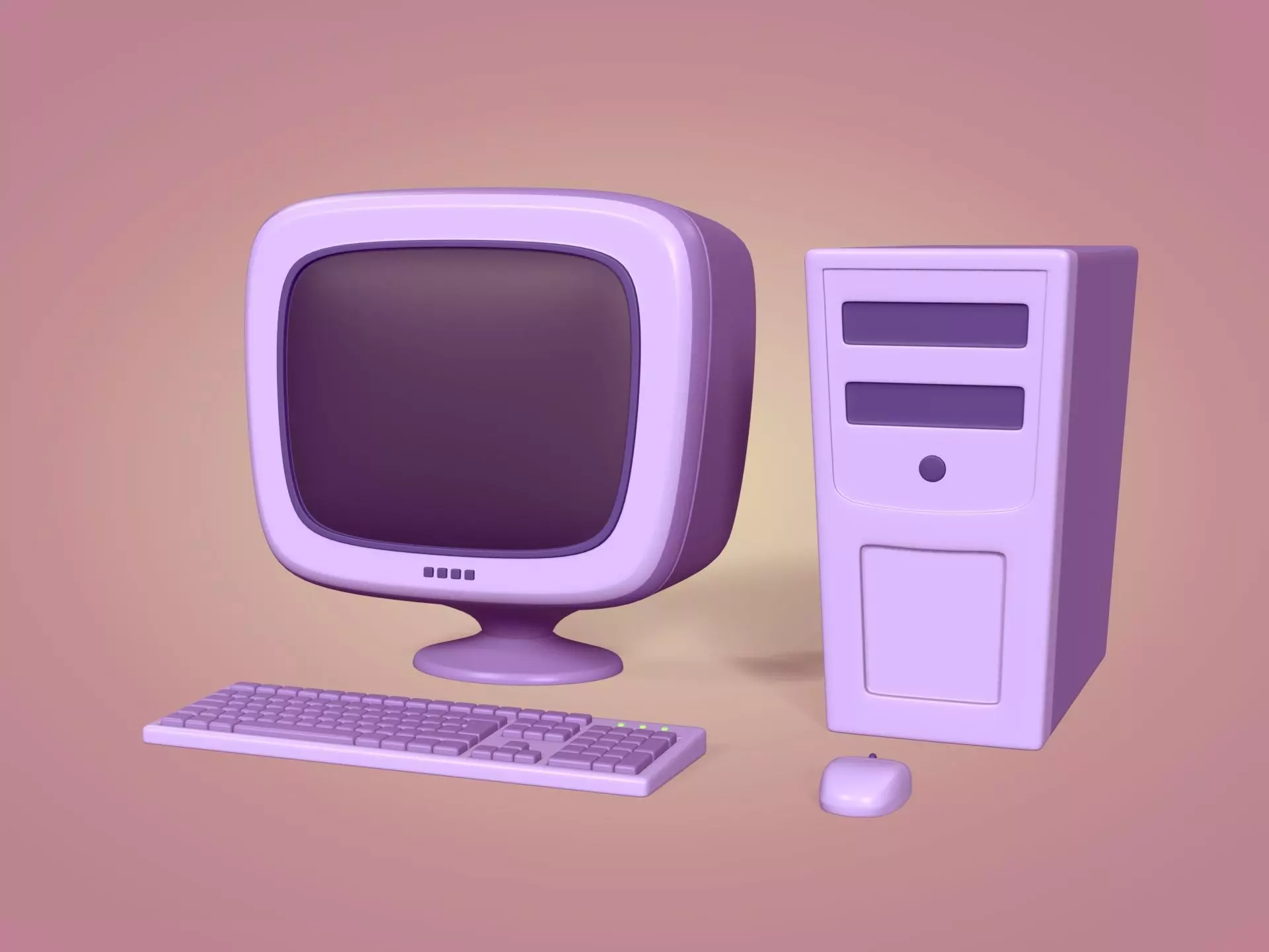 Cartoon Old Computer Desktop - PC Monitor Screen Keyboard Mouse Low-poly 3D model_0