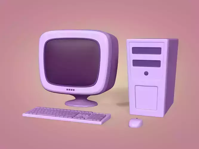 Cartoon Old Computer Desktop - PC Monitor Screen Keyboard Mouse