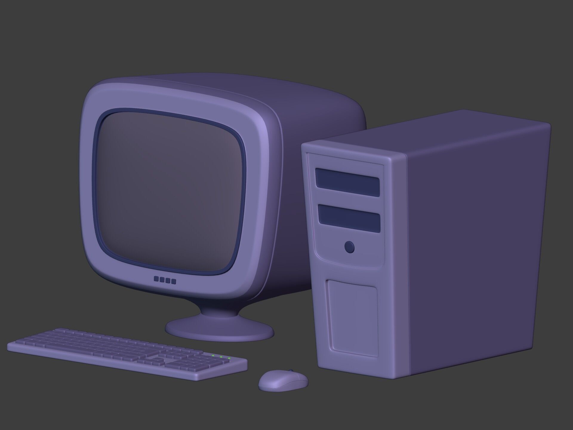 Cartoon Old Computer Desktop - PC Monitor Screen Keyboard Mouse Low-poly 3D model_3