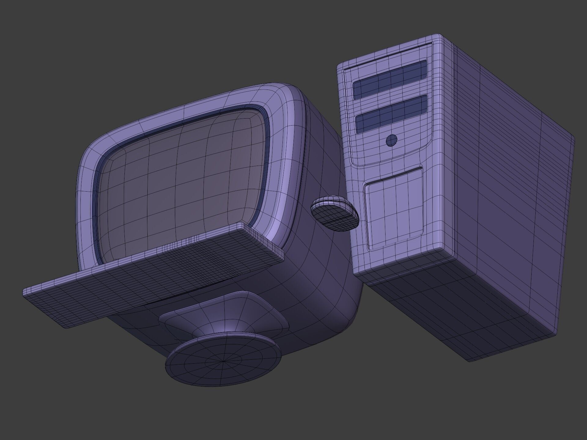 Cartoon Old Computer Desktop - PC Monitor Screen Keyboard Mouse Low-poly 3D model_12