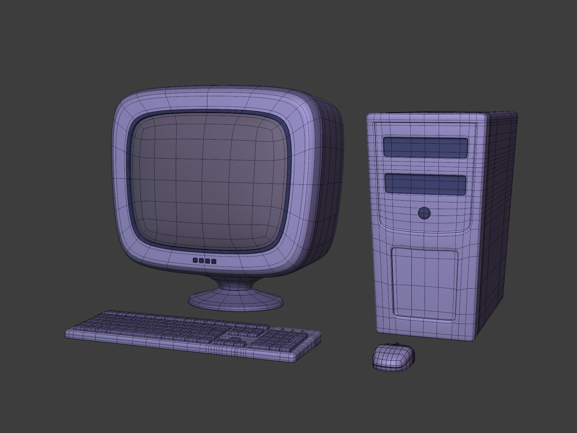 Cartoon Old Computer Desktop - PC Monitor Screen Keyboard Mouse Low-poly 3D model_2