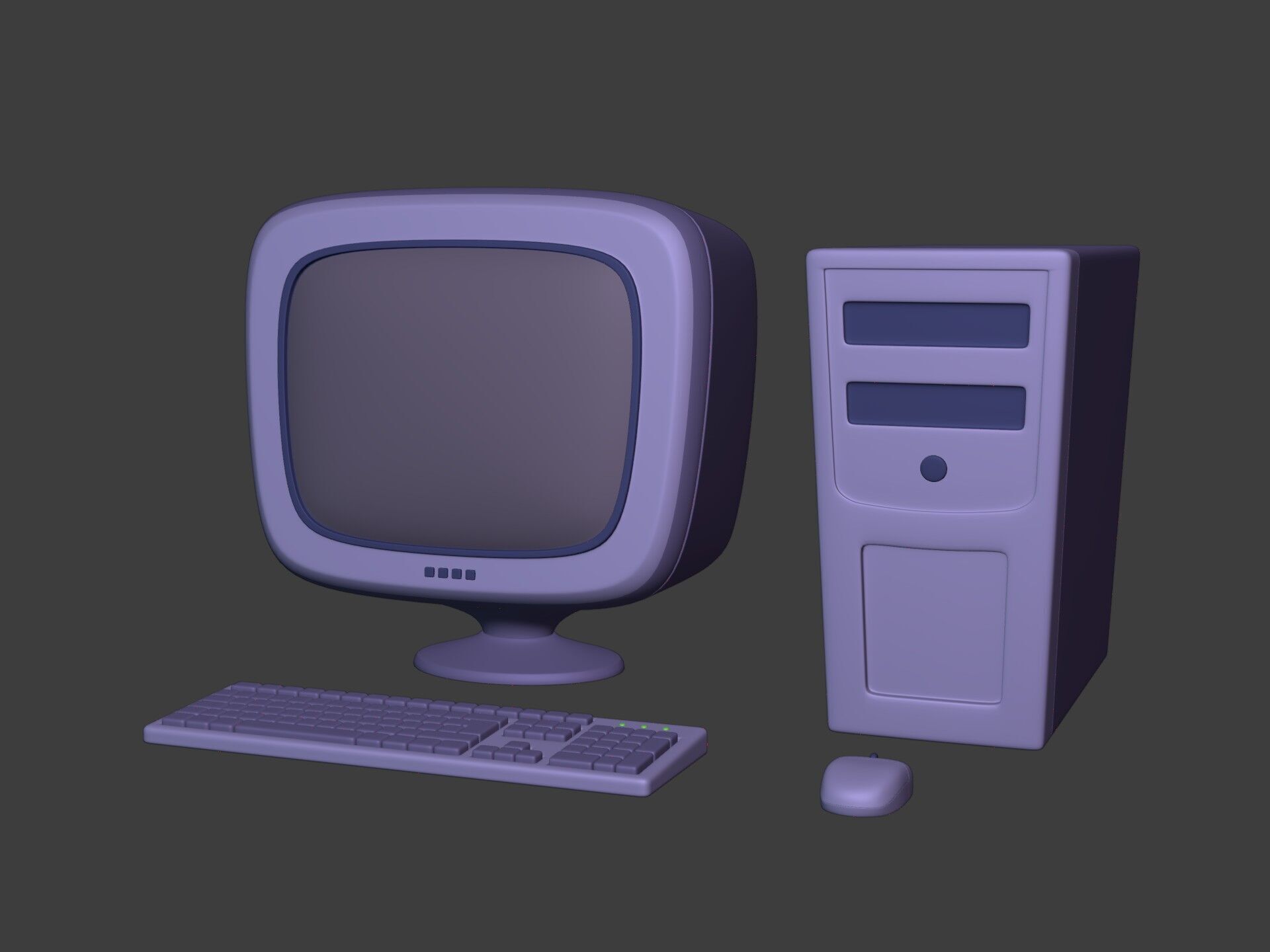 Cartoon Old Computer Desktop - PC Monitor Screen Keyboard Mouse Low-poly 3D model_1