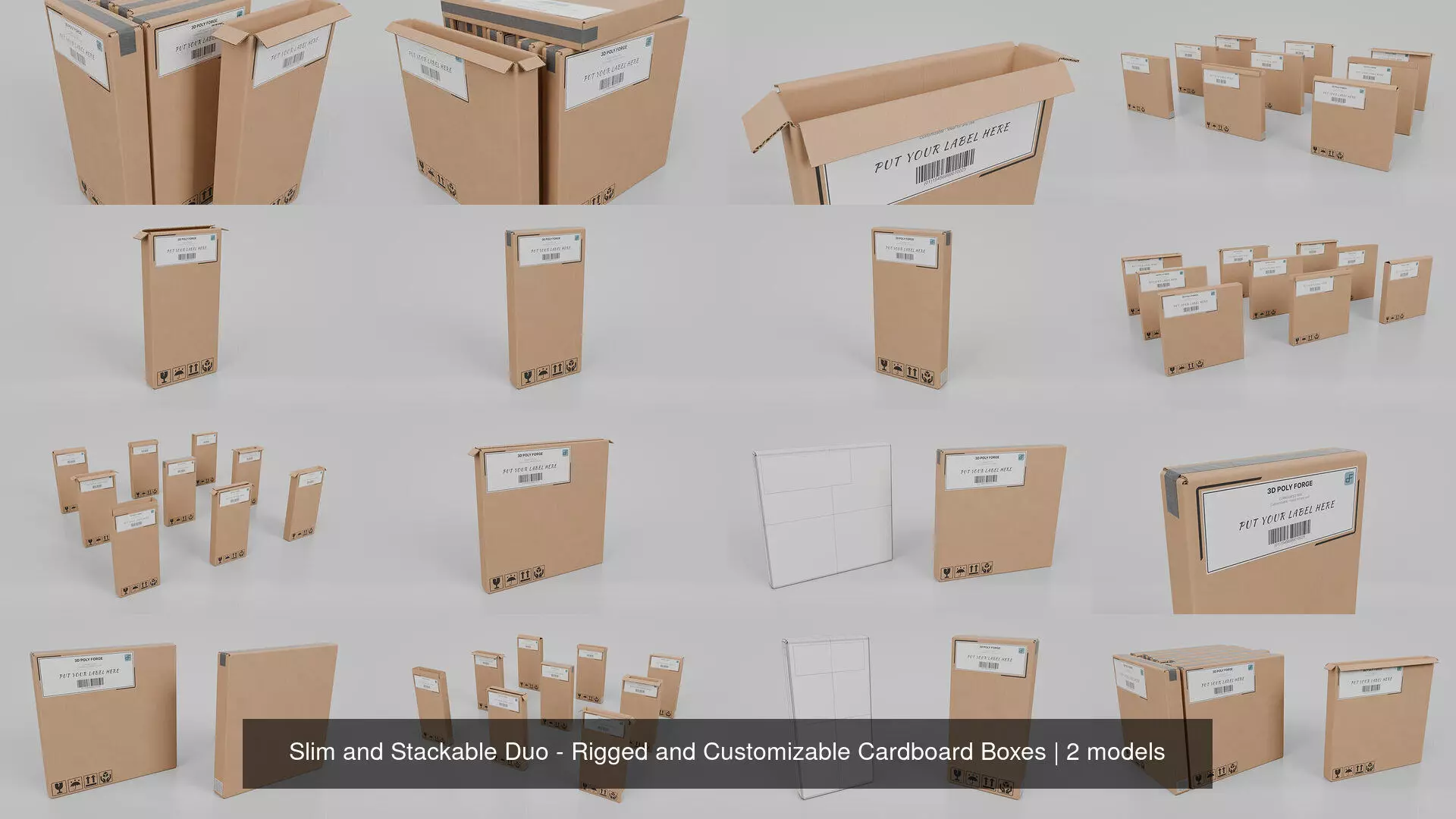 Slim and Stackable Duo - Rigged and Customizable Cardboard Boxes 3D Model Collection_3