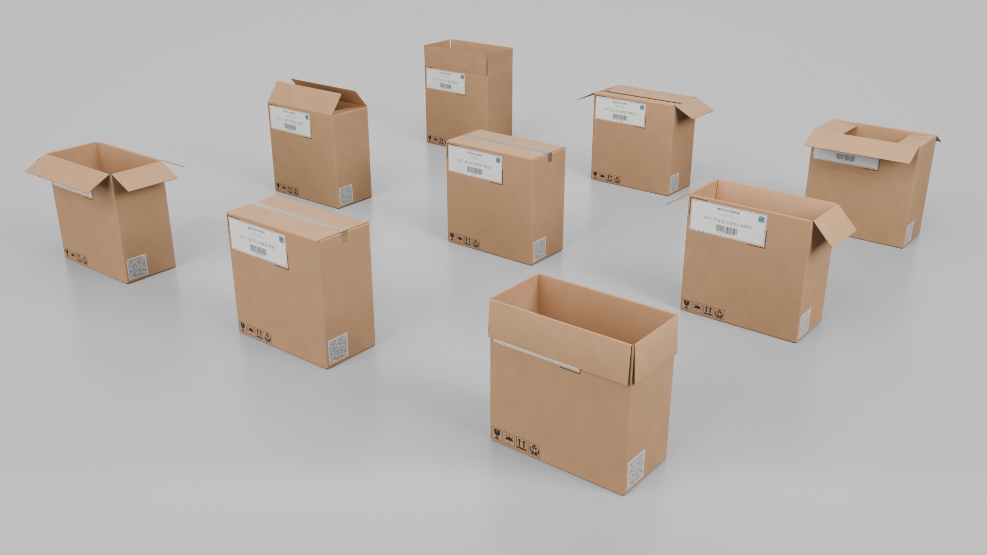 Compact Packaging Cardboard Boxes - Rigged and Customizable Set 3D Model Collection_33
