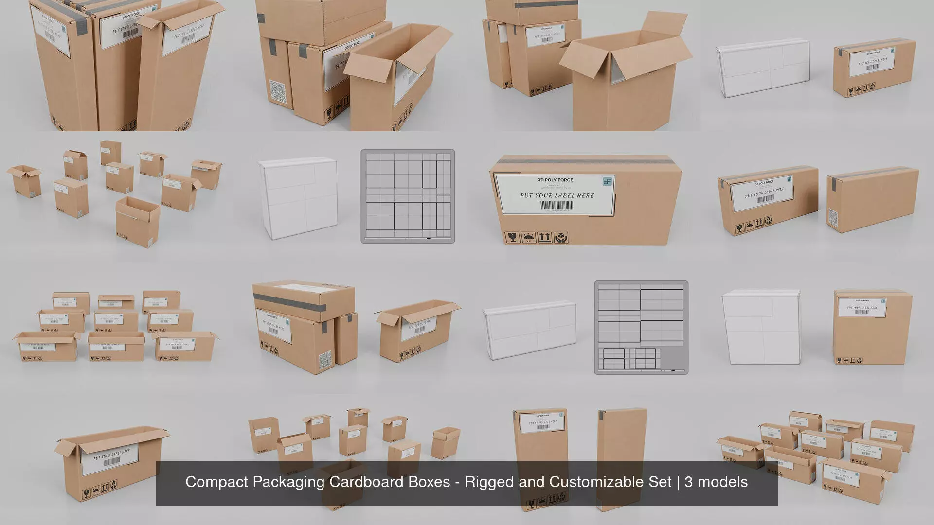 Compact Packaging Cardboard Boxes - Rigged and Customizable Set 3D Model Collection_4