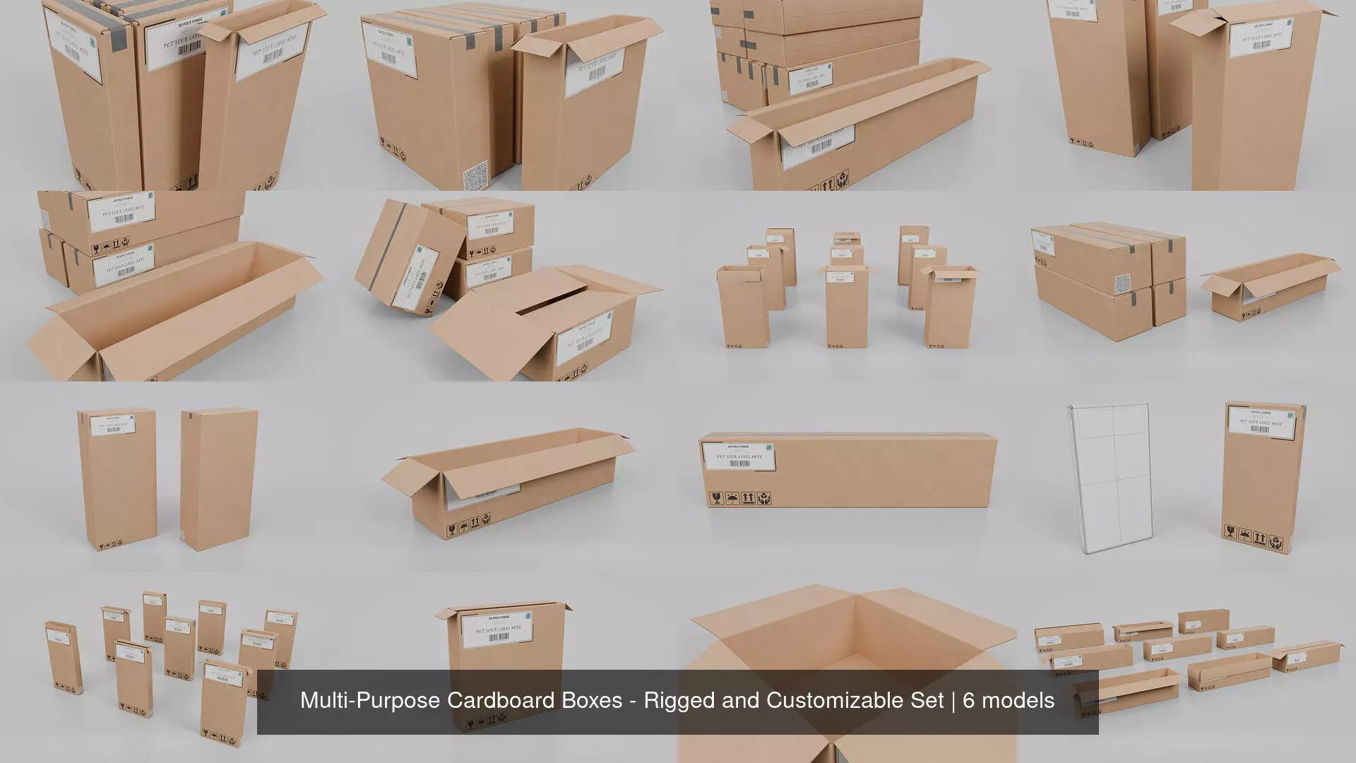 Multi-Purpose Cardboard Boxes - Rigged and Customizable Set 3D Model Collection_7