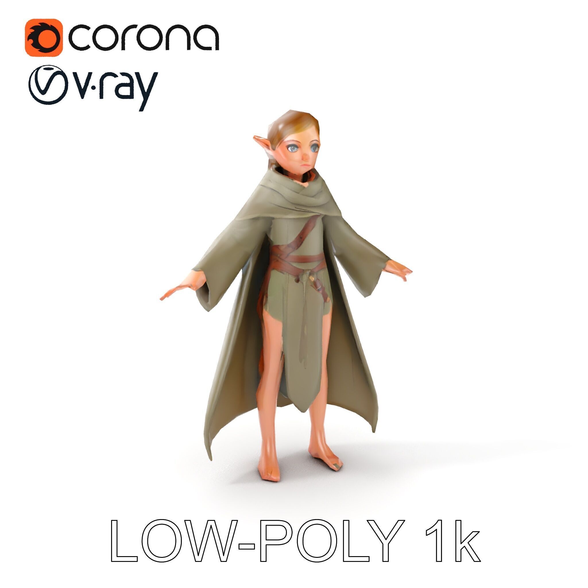 Elven Adventurer D Character Model with Cloak and Belt Low-poly 3D model_13