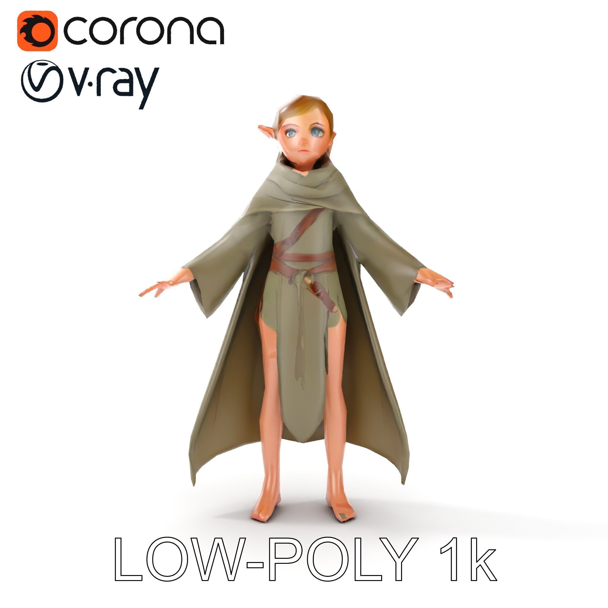 Elven Adventurer D Character Model with Cloak and Belt Low-poly 3D model_32