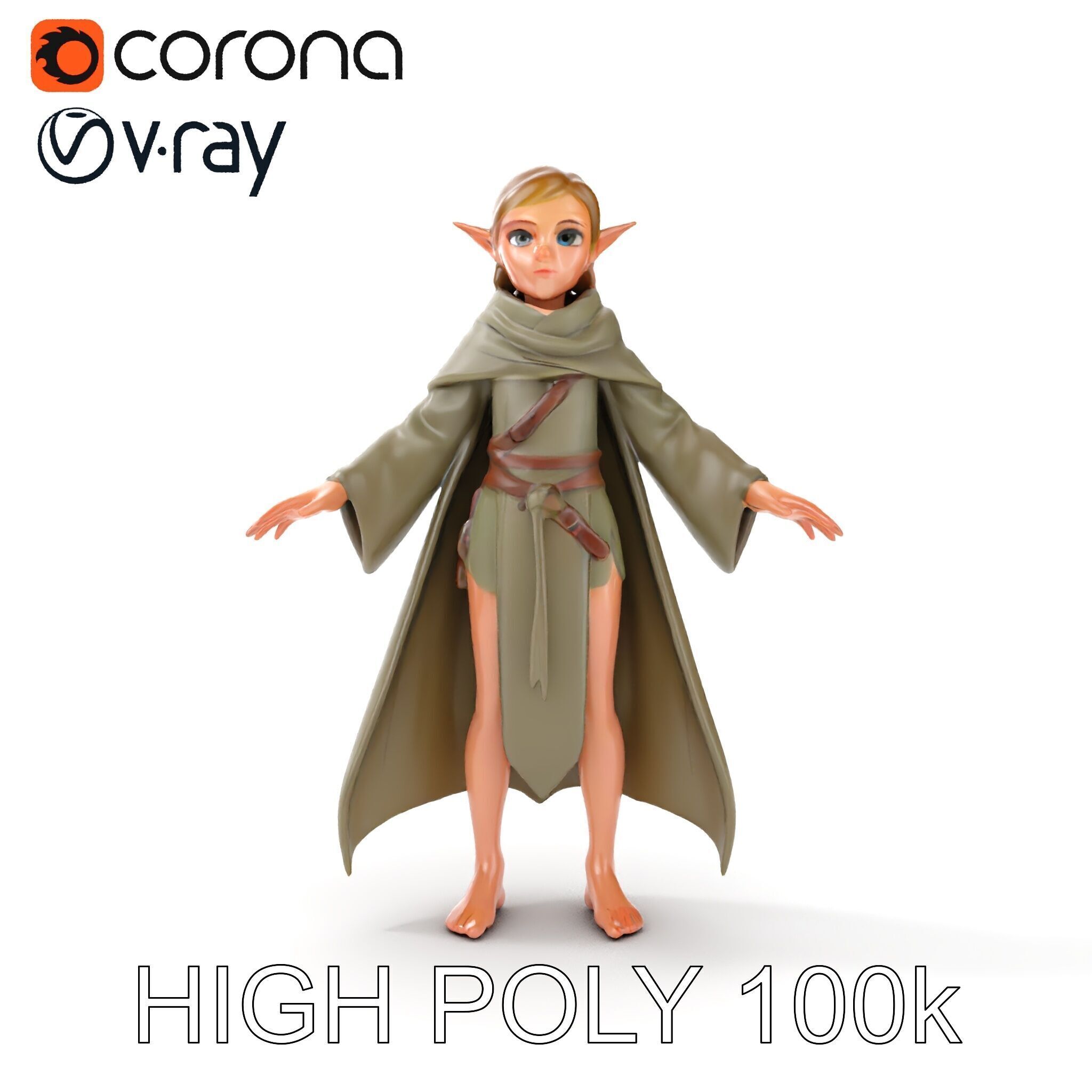 Elven Adventurer D Character Model with Cloak and Belt Low-poly 3D model_17