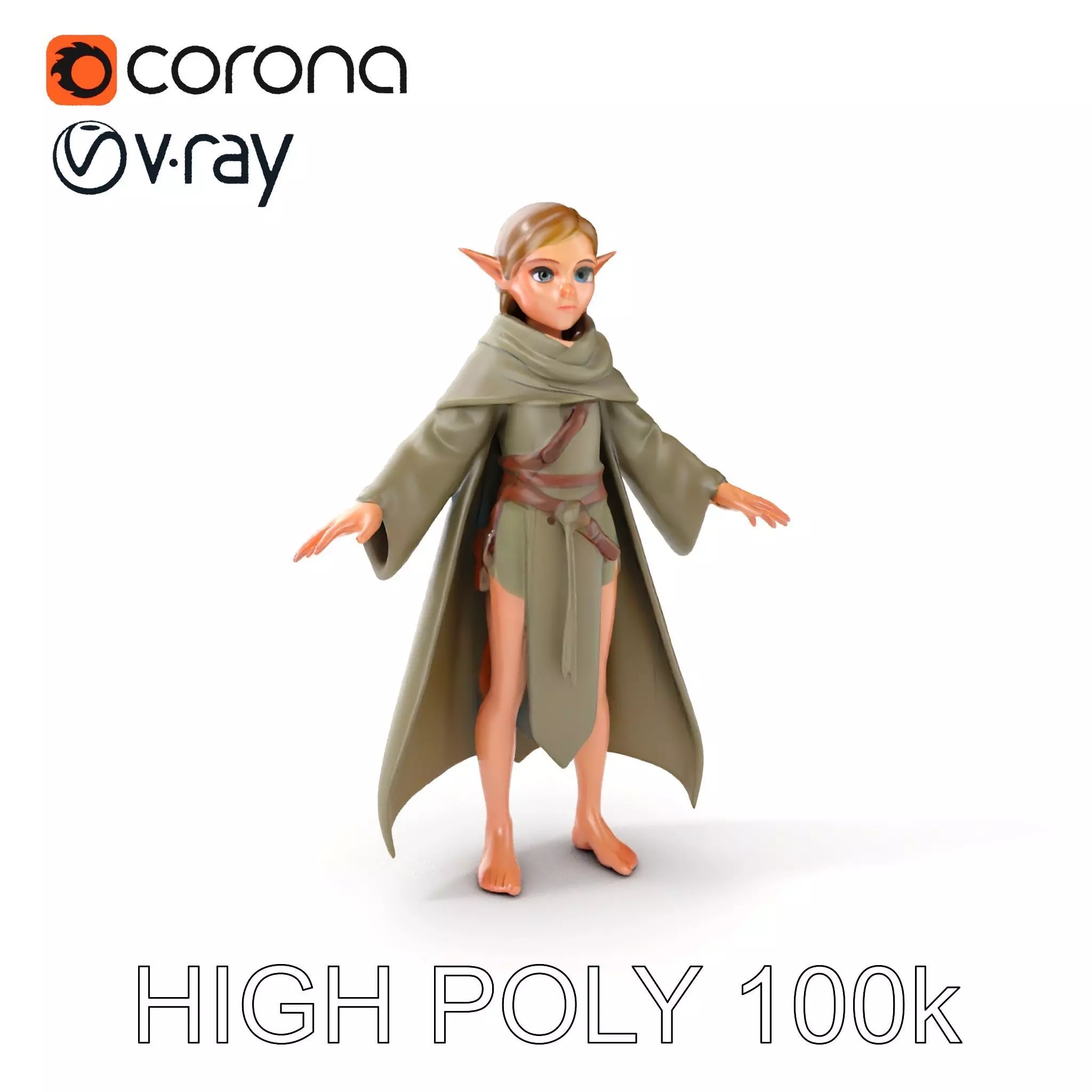 Elven Adventurer D Character Model with Cloak and Belt Low-poly 3D model_0