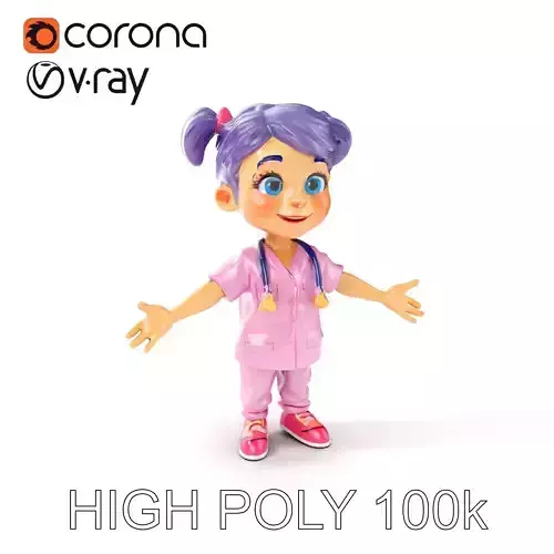 Cartoon Nurse Girl Character Model with Purple Hair and Pink Outfit