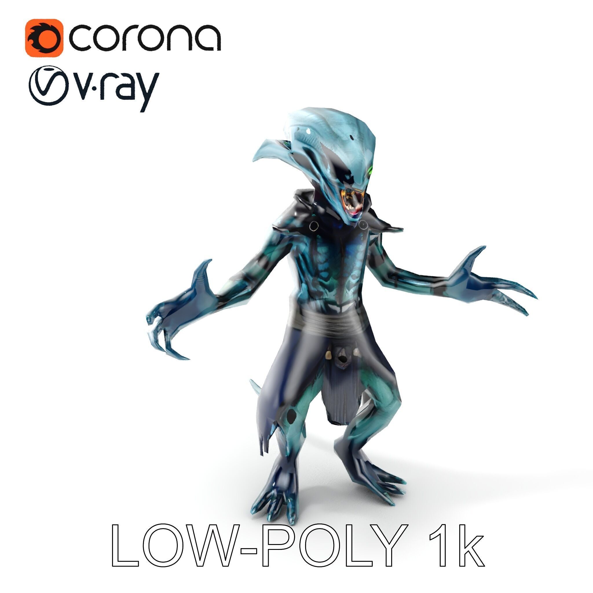 Aquatic Alien Warrior D Model with Glowing Green Eyes and Tri... Low-poly 3D model_7