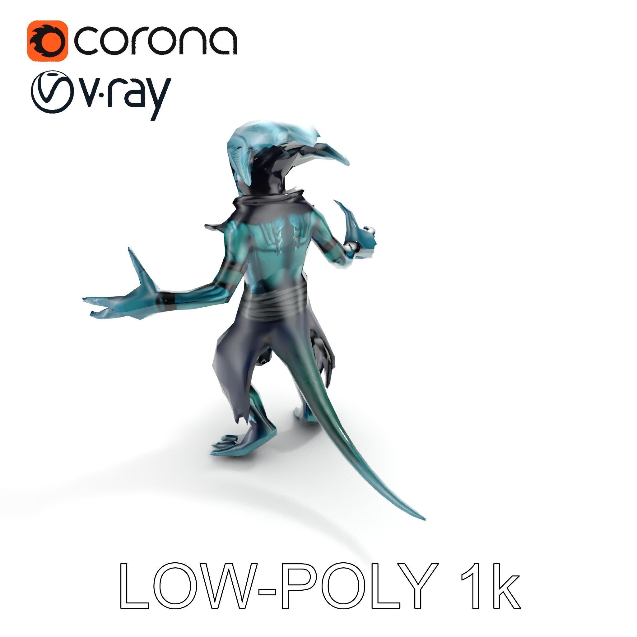 Aquatic Alien Warrior D Model with Glowing Green Eyes and Tri... Low-poly 3D model_26