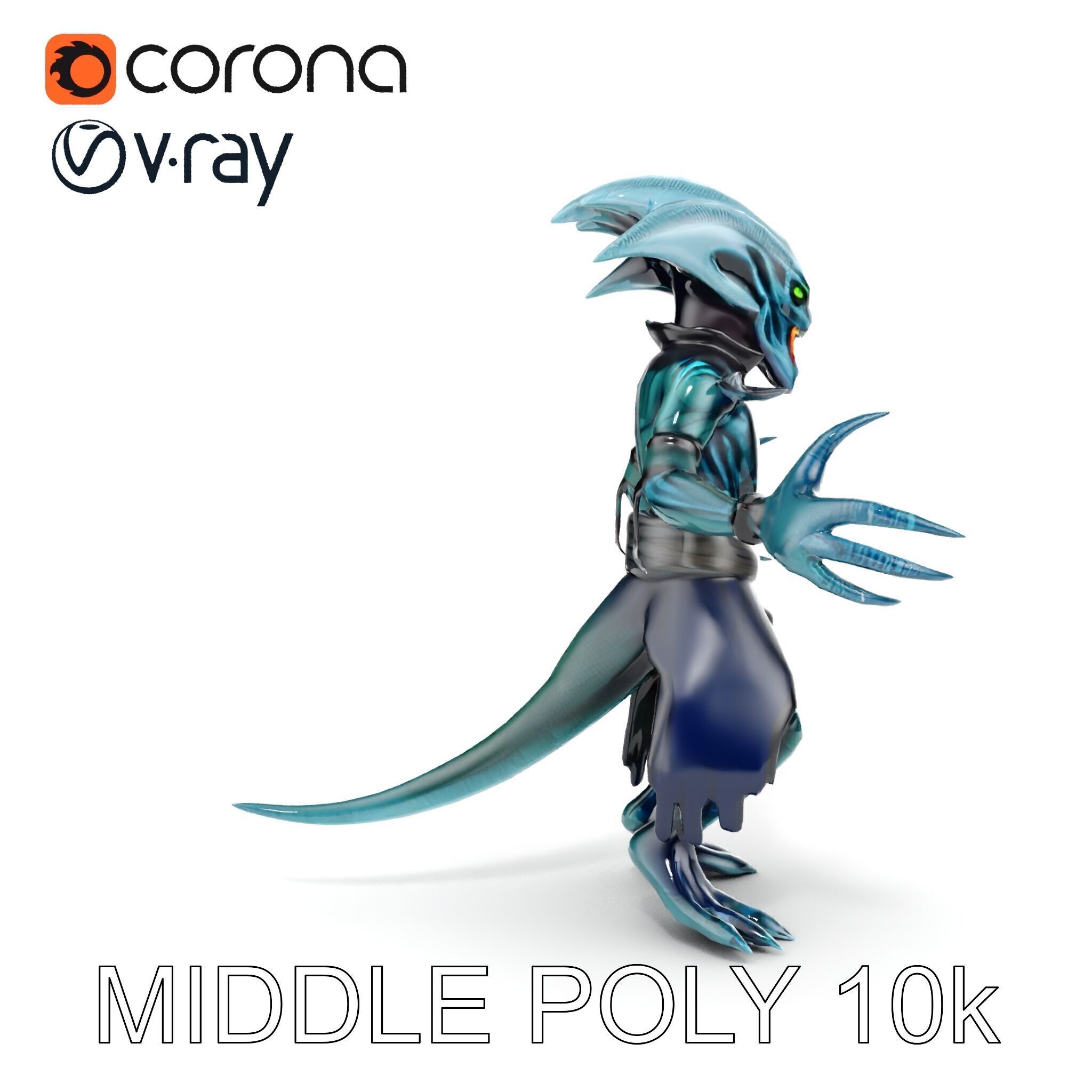 Aquatic Alien Warrior D Model with Glowing Green Eyes and Tri... Low-poly 3D model_14