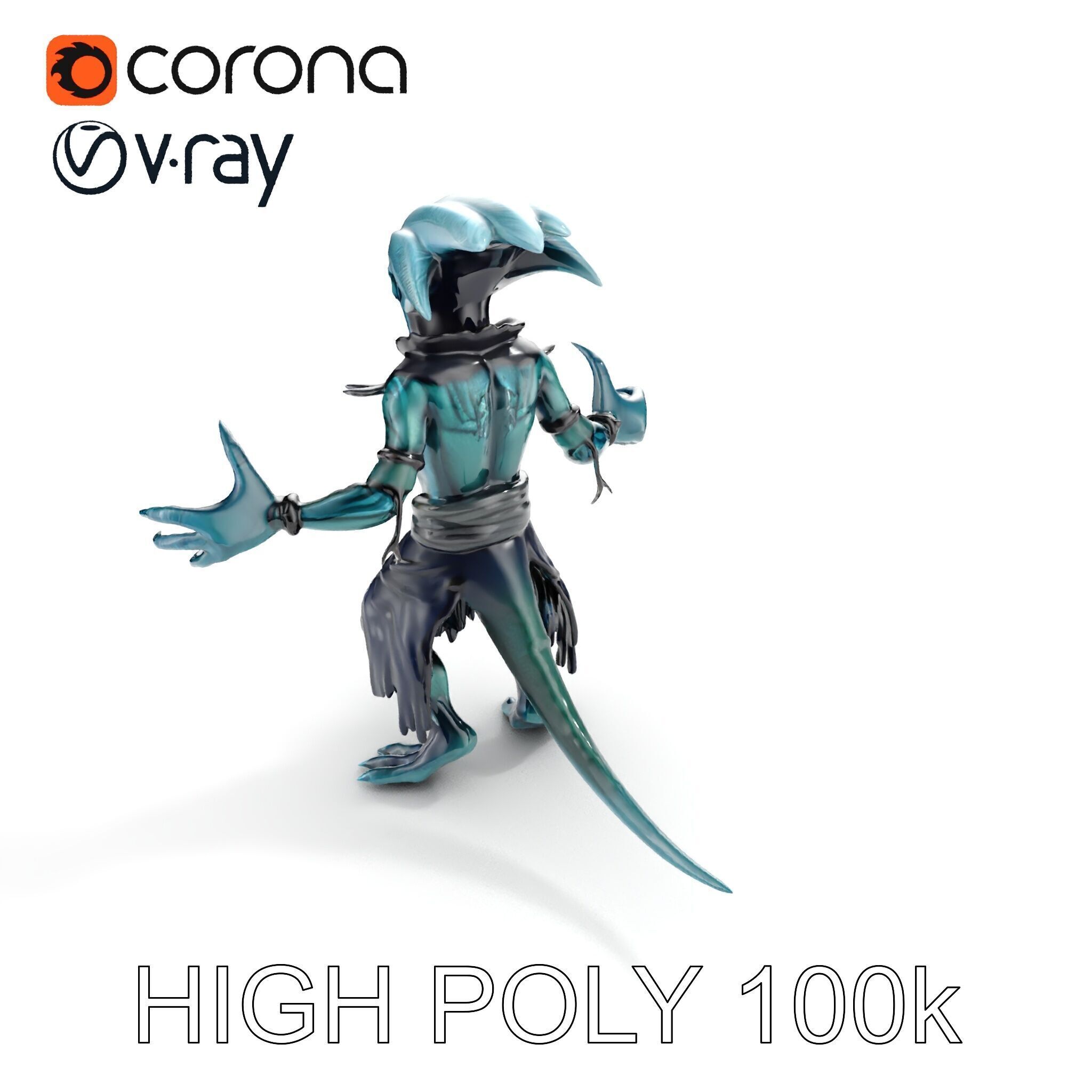 Aquatic Alien Warrior D Model with Glowing Green Eyes and Tri... Low-poly 3D model_34