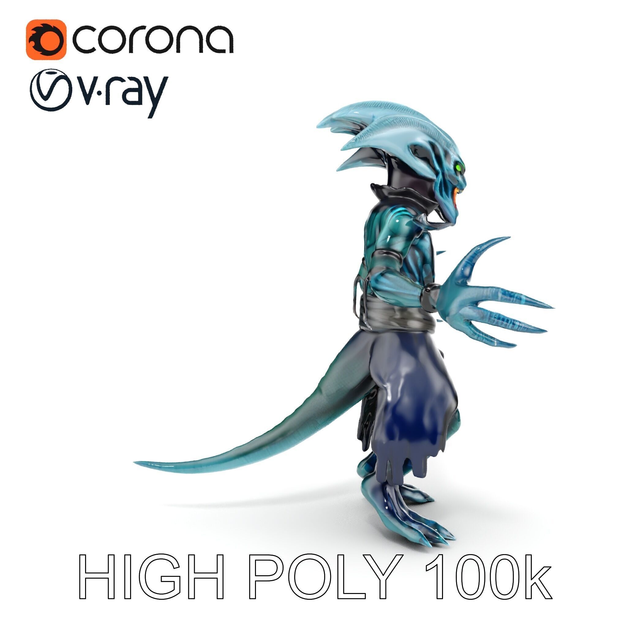 Aquatic Alien Warrior D Model with Glowing Green Eyes and Tri... Low-poly 3D model_16