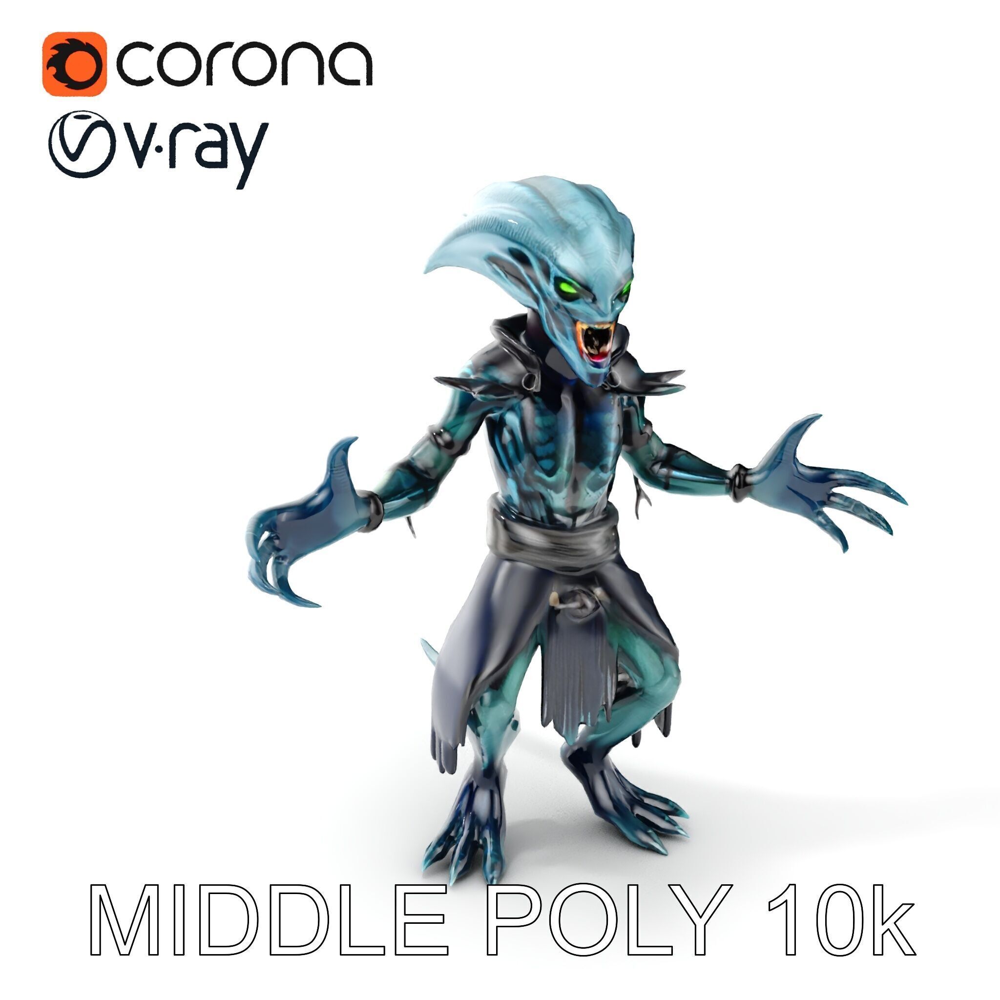Aquatic Alien Warrior D Model with Glowing Green Eyes and Tri... Low-poly 3D model_28