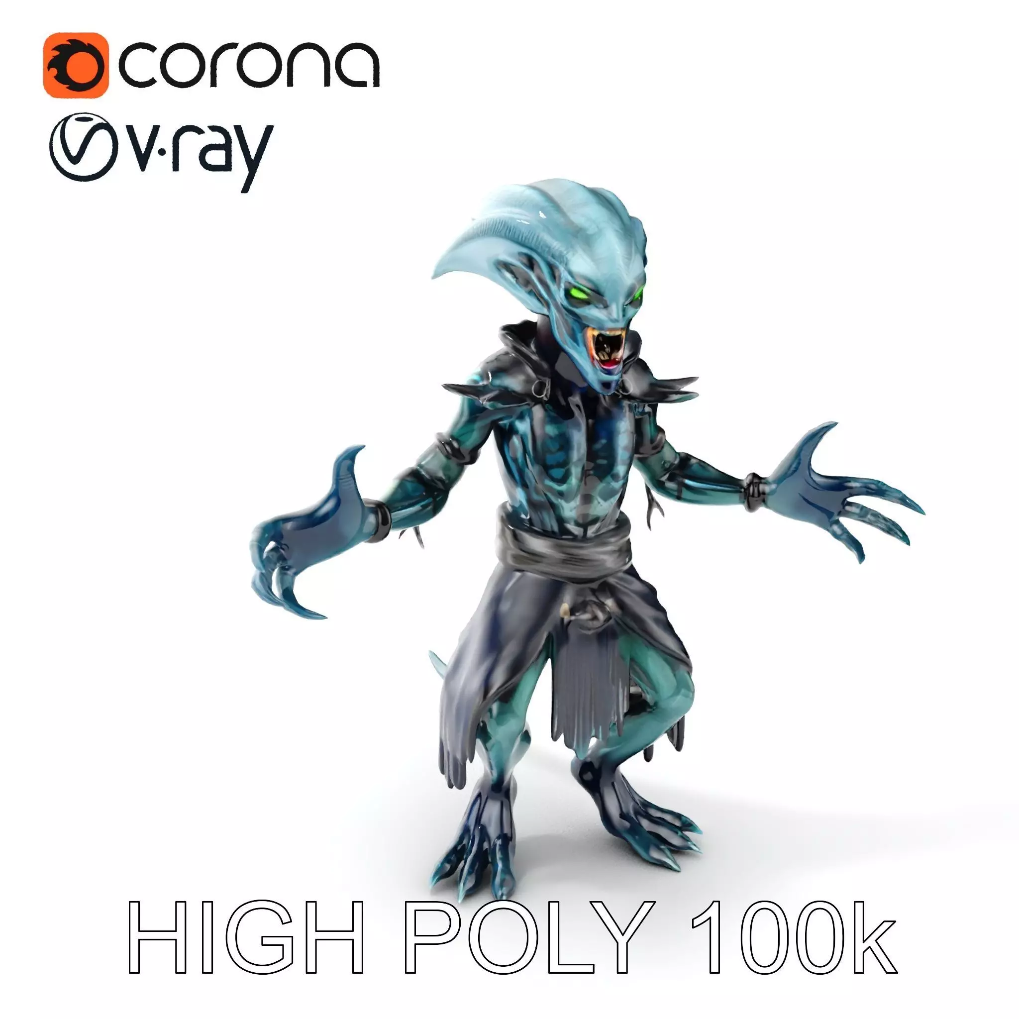 Aquatic Alien Warrior D Model with Glowing Green Eyes and Tri... Low-poly 3D model_0