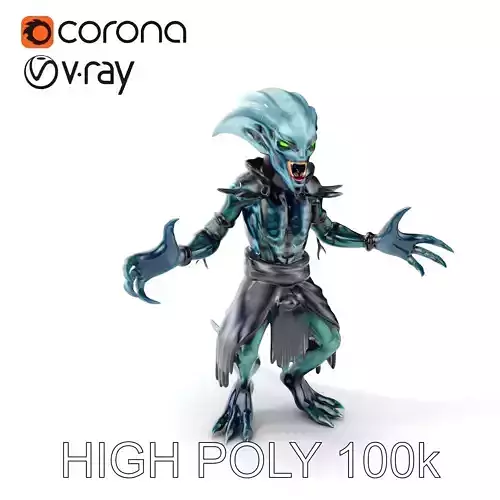 Aquatic Alien Warrior D Model with Glowing Green Eyes and Tribal Armor