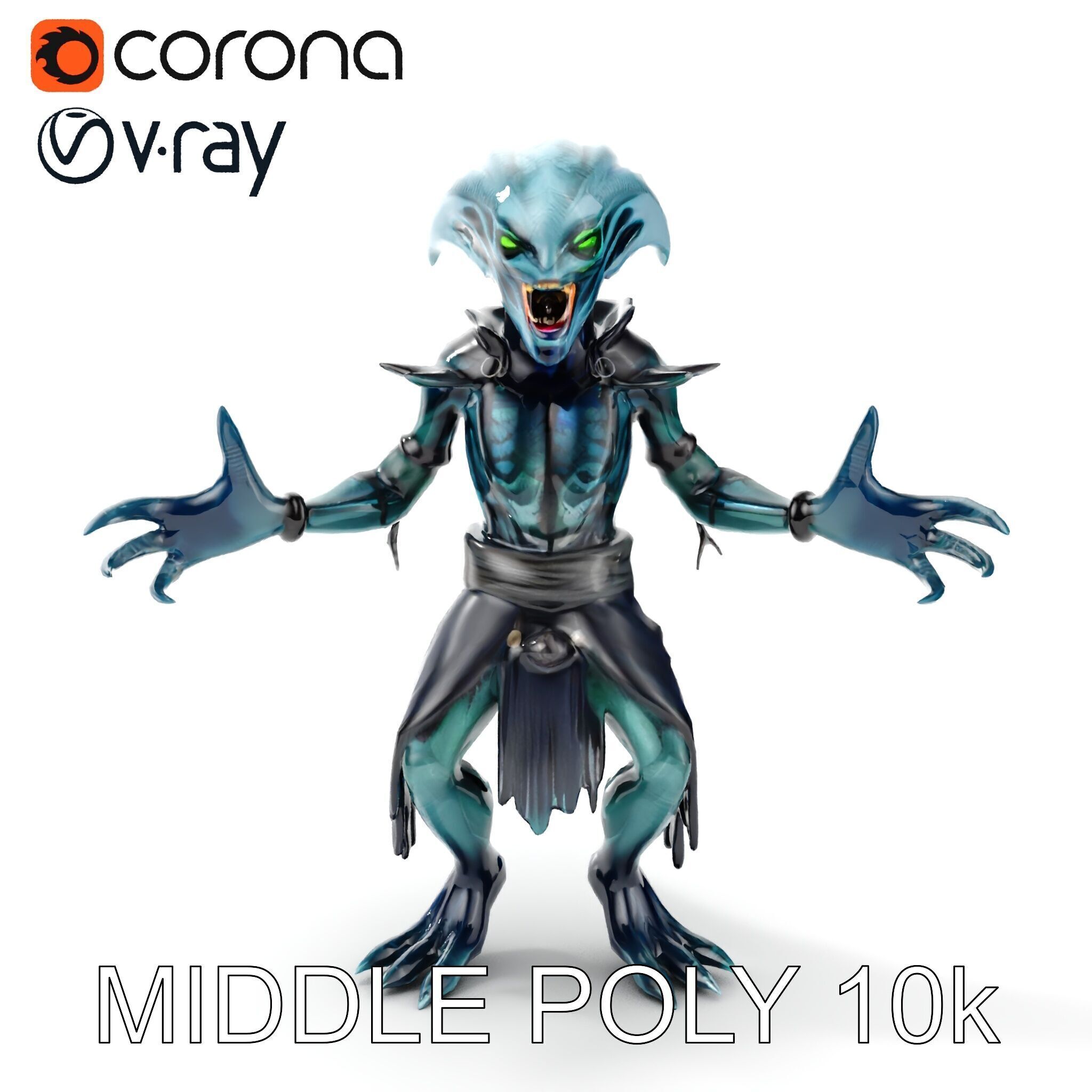 Aquatic Alien Warrior D Model with Glowing Green Eyes and Tri... Low-poly 3D model_12