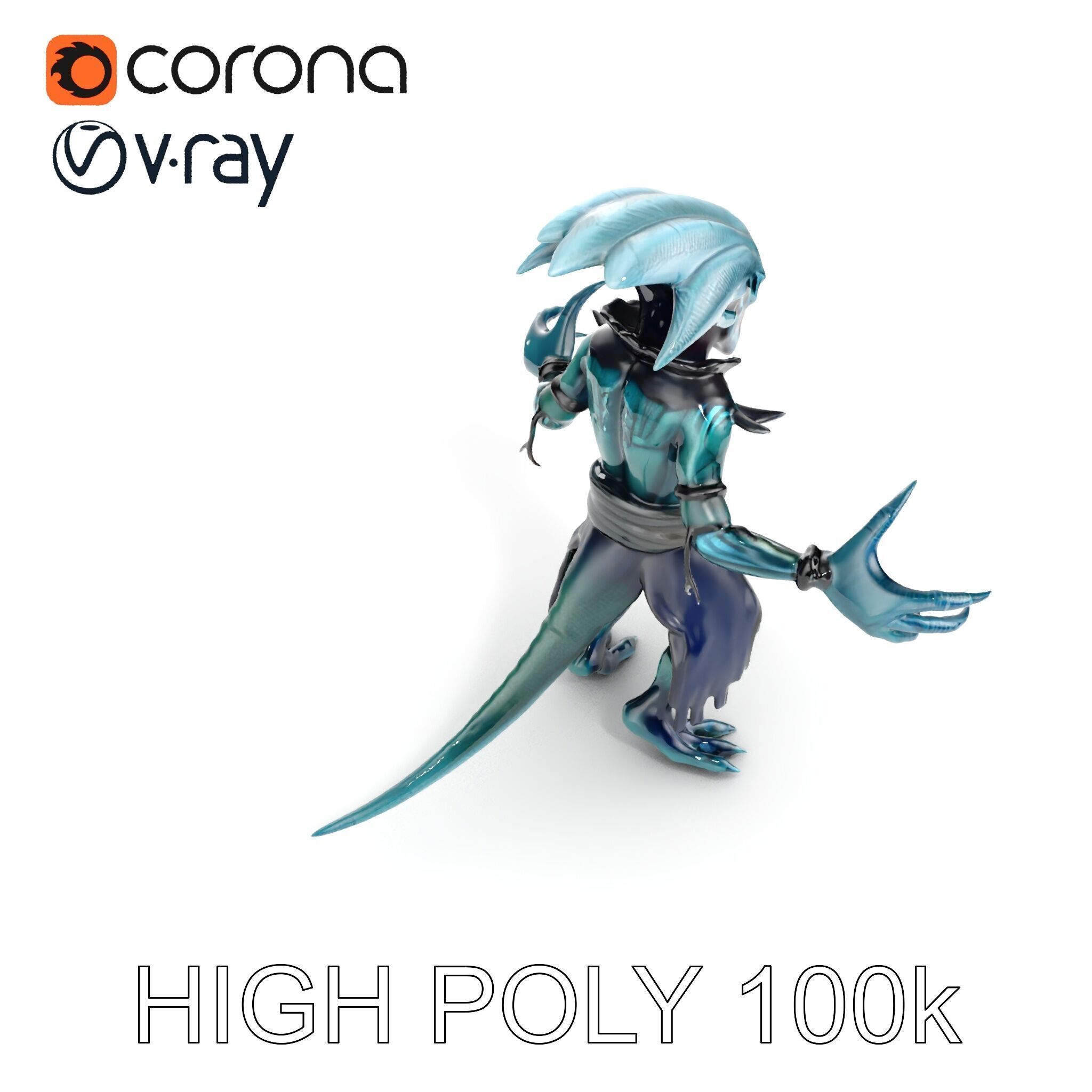 Aquatic Alien Warrior D Model with Glowing Green Eyes and Tri... Low-poly 3D model_36