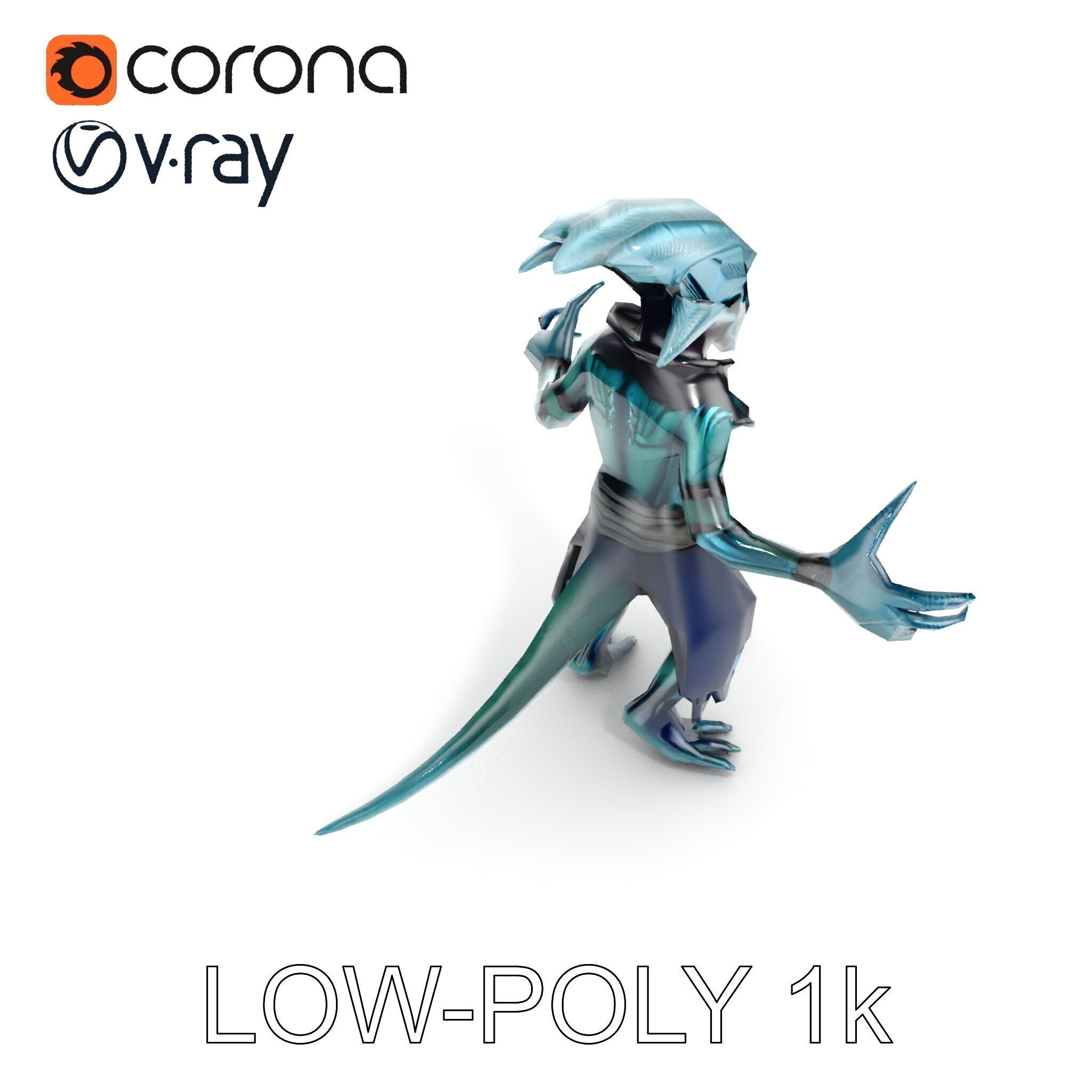 Aquatic Alien Warrior D Model with Glowing Green Eyes and Tri... Low-poly 3D model_33