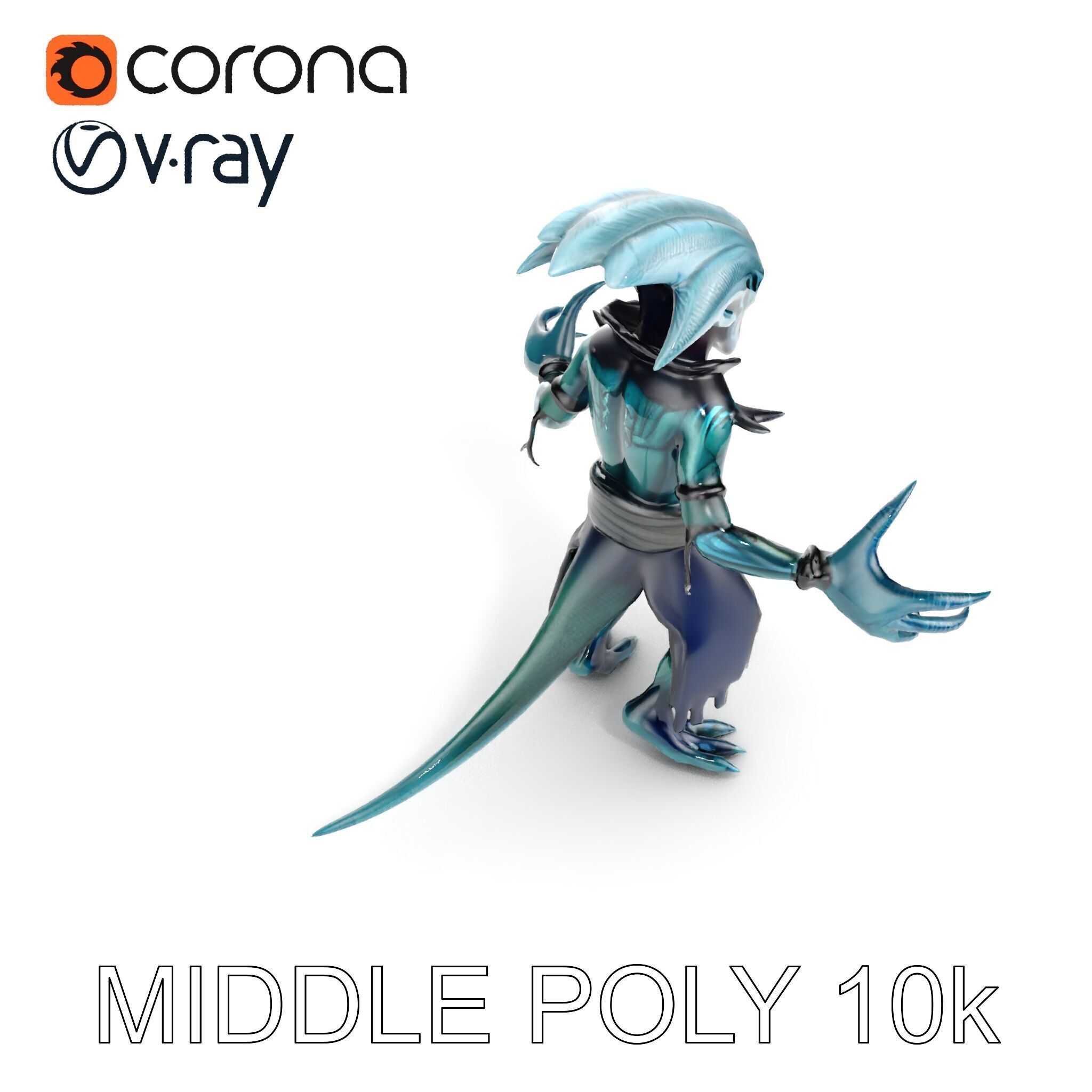 Aquatic Alien Warrior D Model with Glowing Green Eyes and Tri... Low-poly 3D model_35