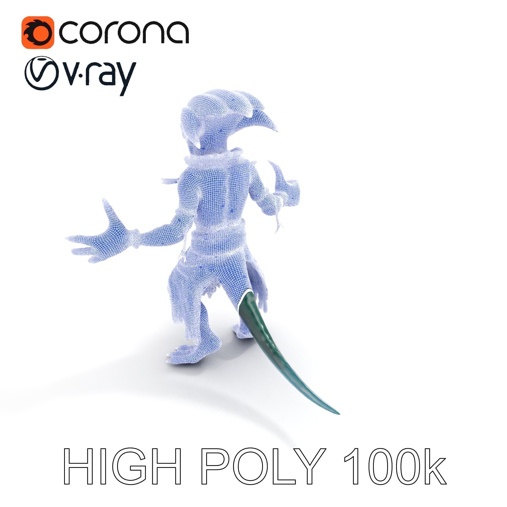 Aquatic Alien Warrior D Model with Glowing Green Eyes and Tri... Low-poly 3D model_11