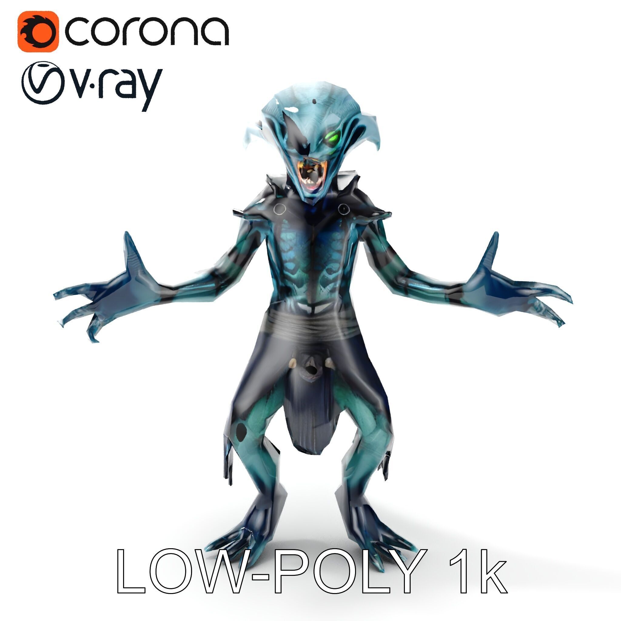 Aquatic Alien Warrior D Model with Glowing Green Eyes and Tri... Low-poly 3D model_13