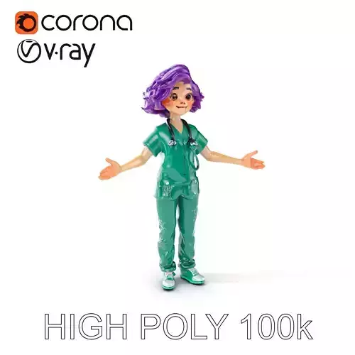 Animated D Medical Character with Purple Hair and Stethoscope