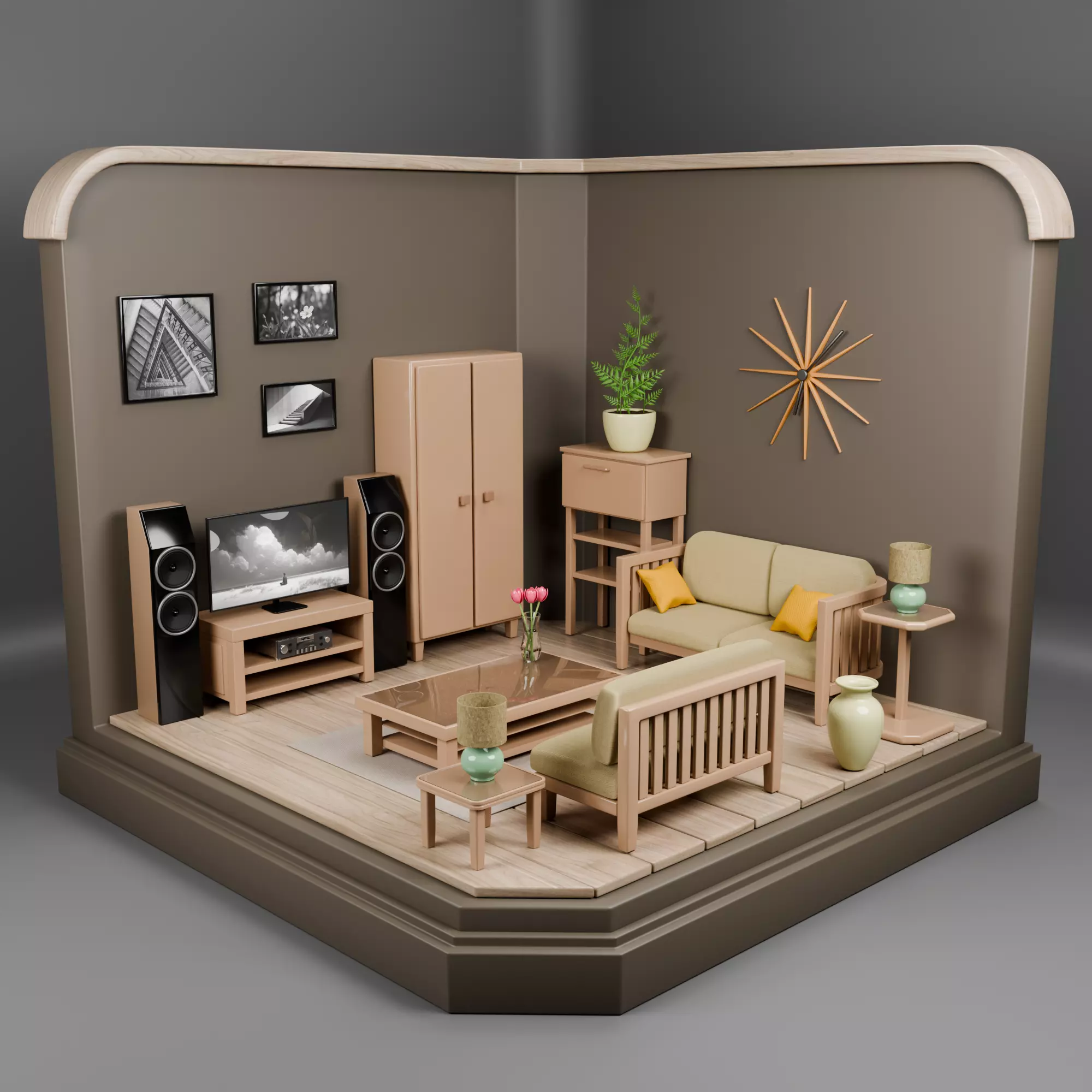 Isometric Cozy Living Room Low Poly 3D Scene Low-poly 3D model_0