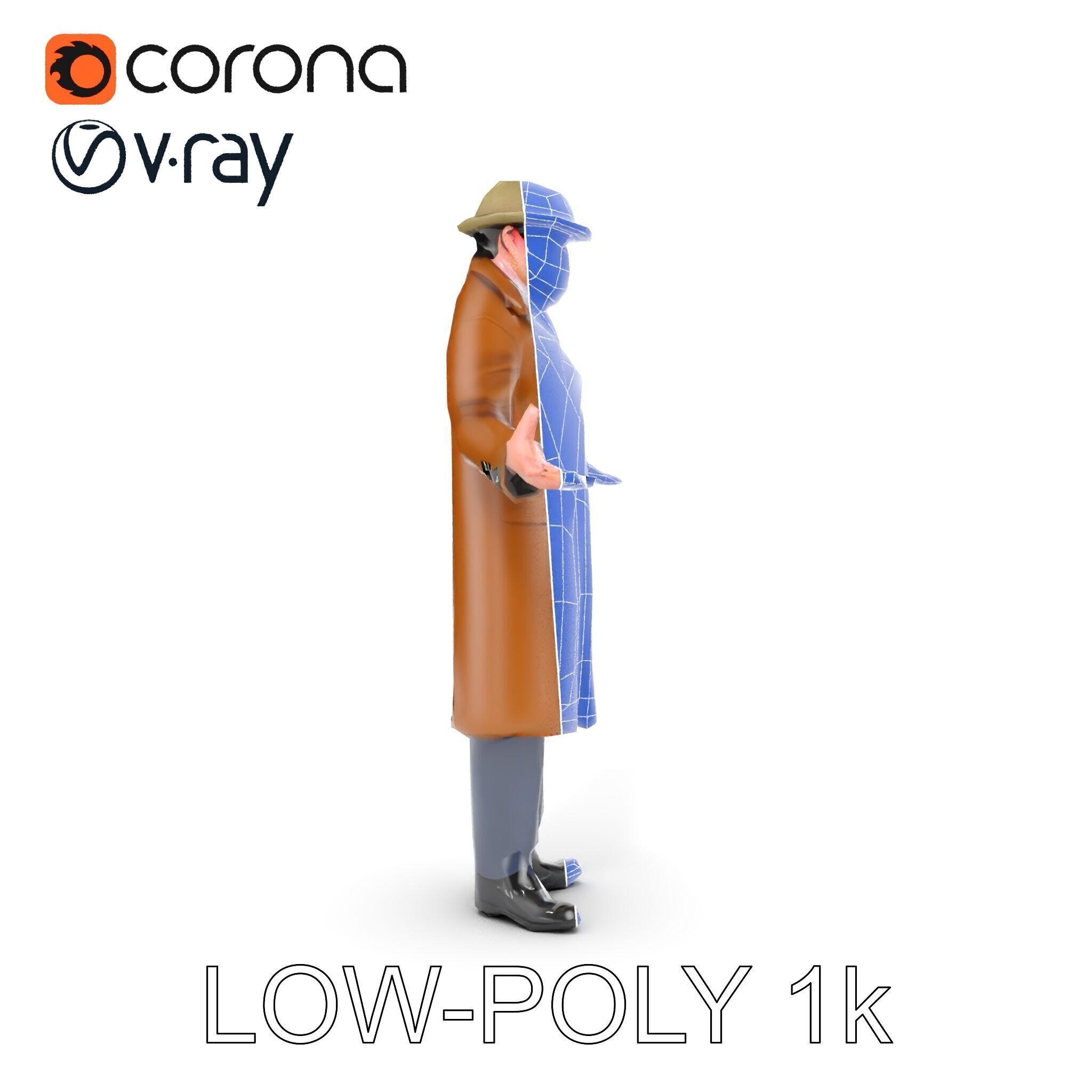 Detective Brown Coat Character Low Mid and High Poly D Model Low-poly 3D model_34