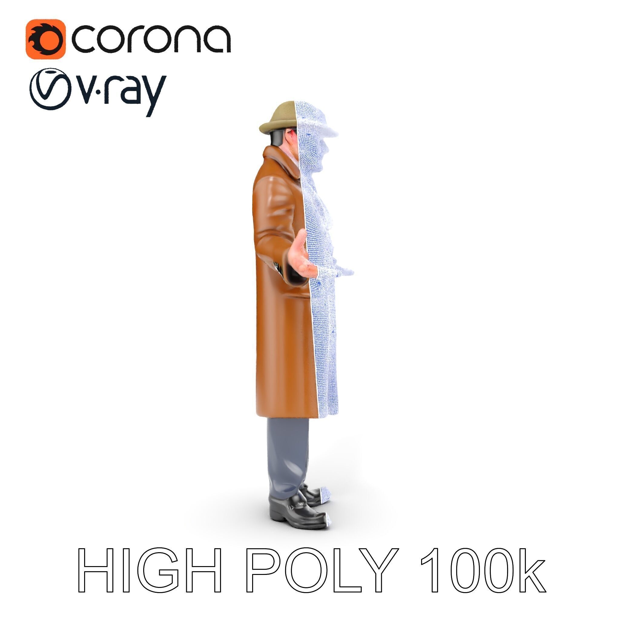 Detective Brown Coat Character Low Mid and High Poly D Model Low-poly 3D model_36
