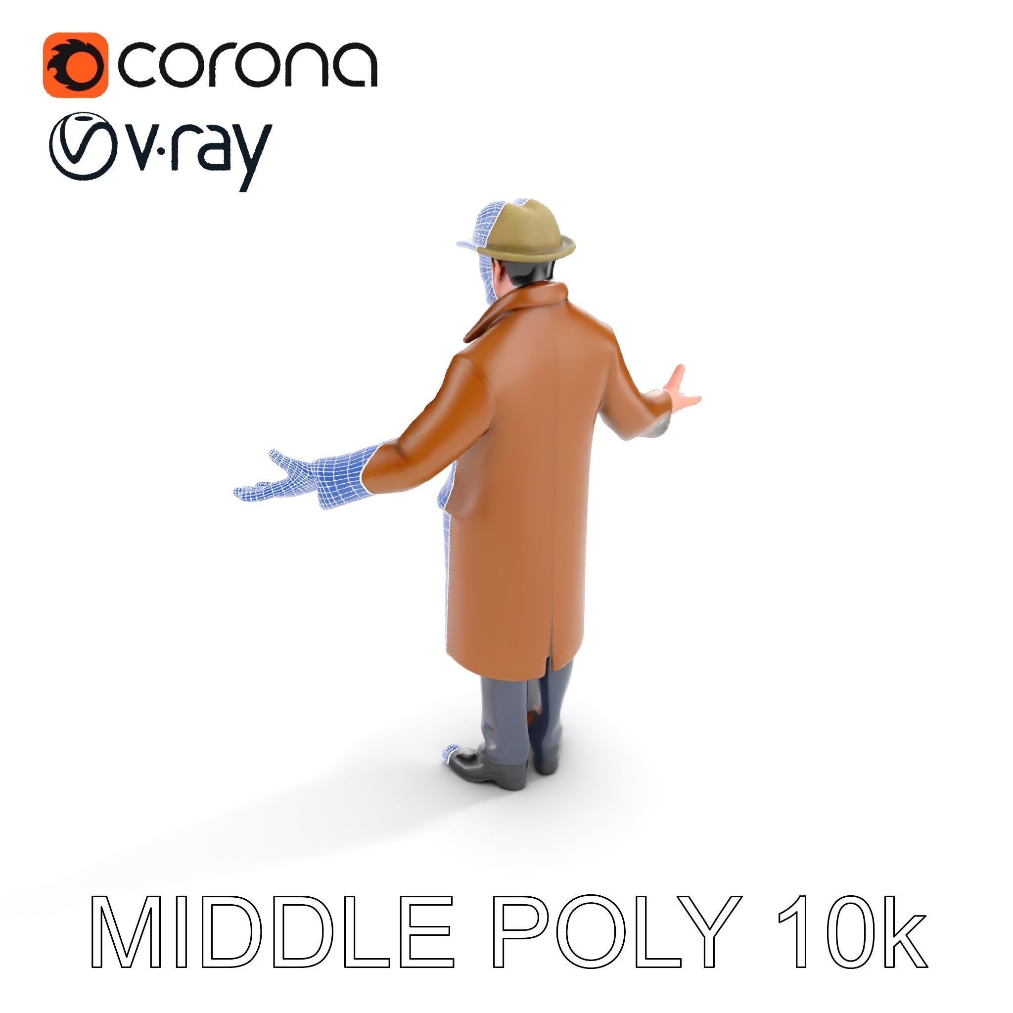 Detective Brown Coat Character Low Mid and High Poly D Model Low-poly 3D model_19