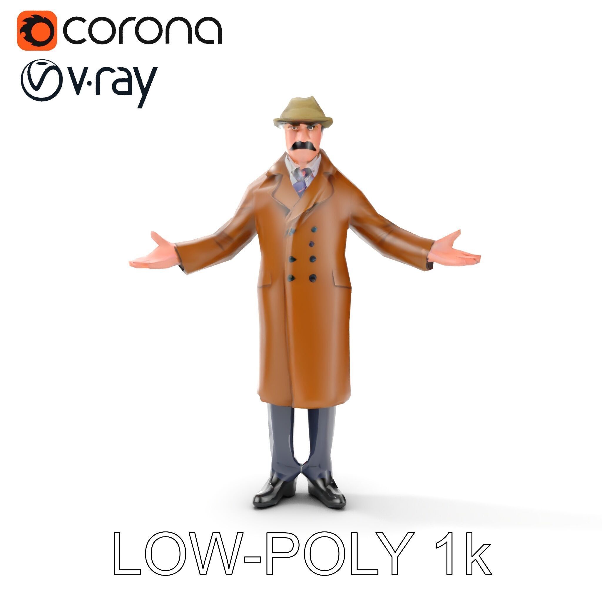 Detective Brown Coat Character Low Mid and High Poly D Model Low-poly 3D model_32