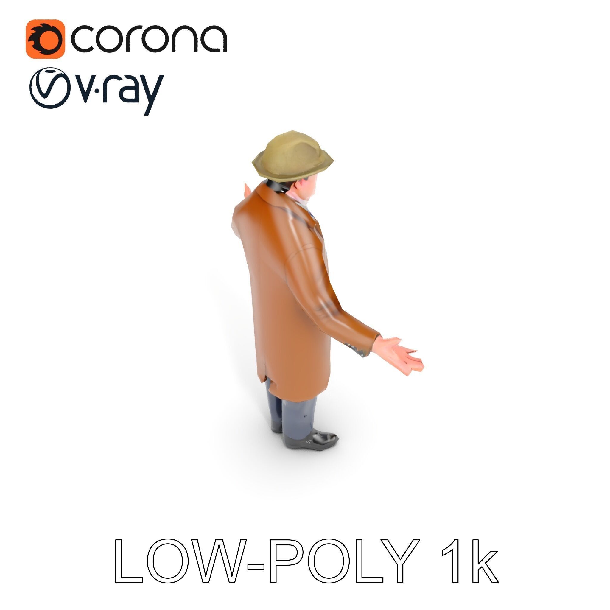 Detective Brown Coat Character Low Mid and High Poly D Model Low-poly 3D model_29