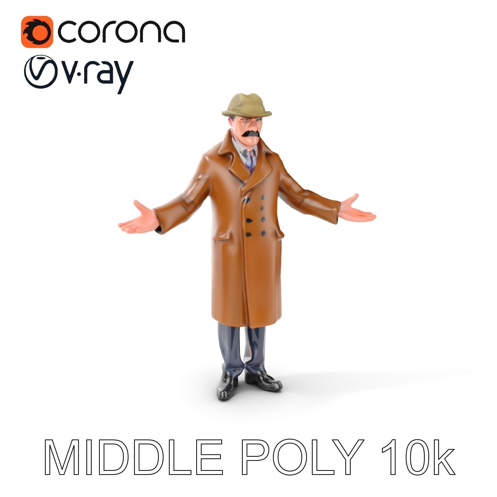 Detective Brown Coat Character Low Mid and High Poly D Model Low-poly 3D model_31