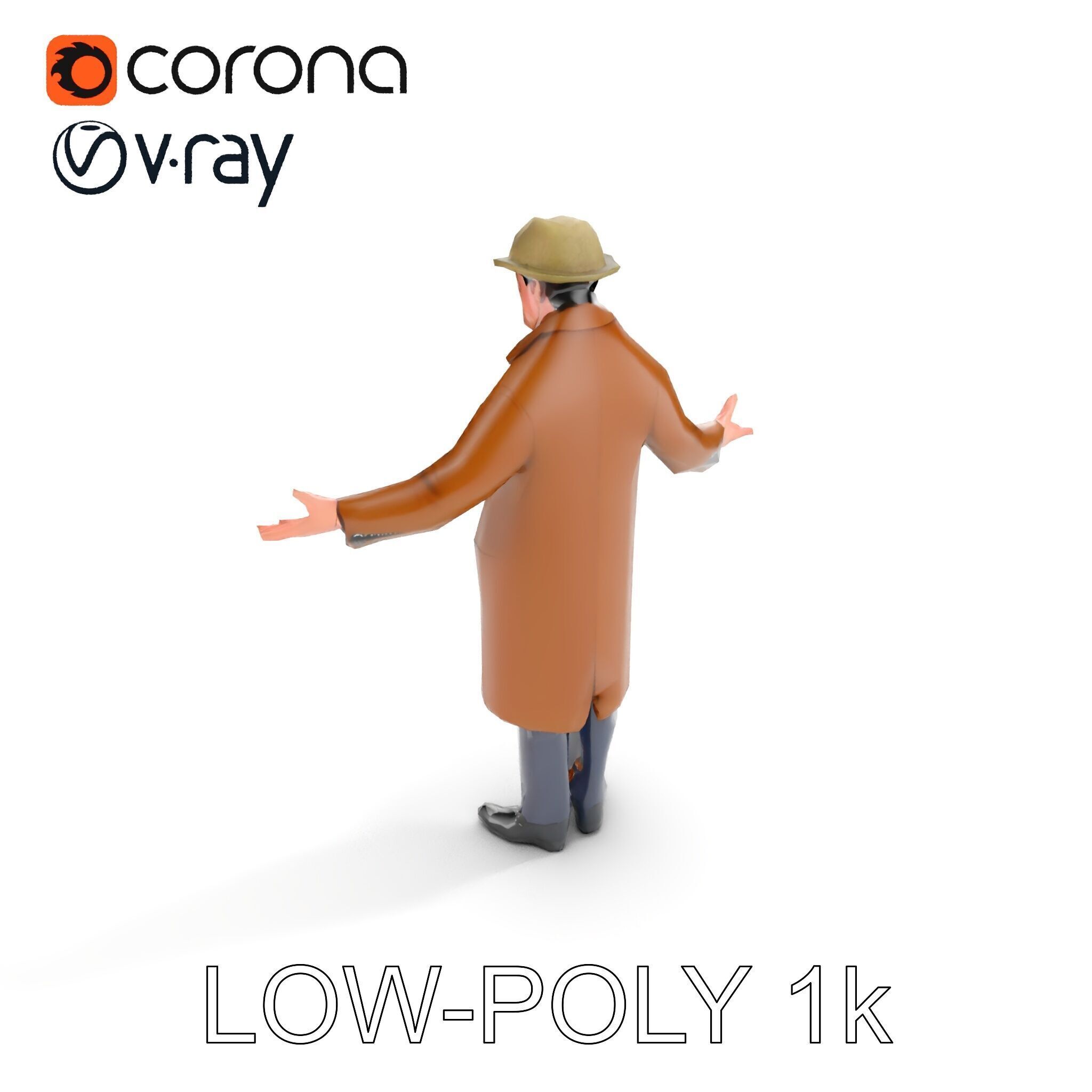 Detective Brown Coat Character Low Mid and High Poly D Model Low-poly 3D model_26